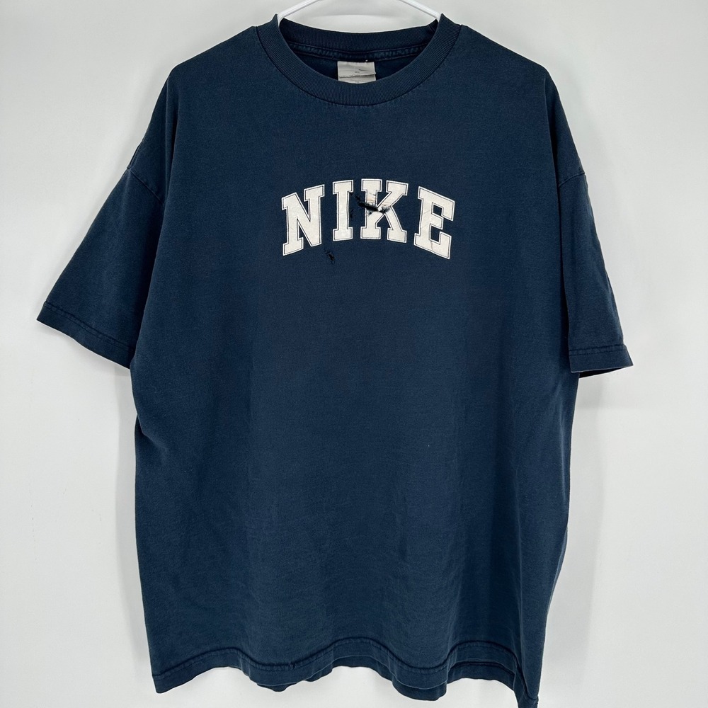 Vintage Y2K Nike Spellout T-Shirt Navy Blue Distressed Collegiate Logo XL